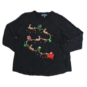 Karen Scott Womens Plus 1X Black Christmas Sweater Santa Reindeers Sequins